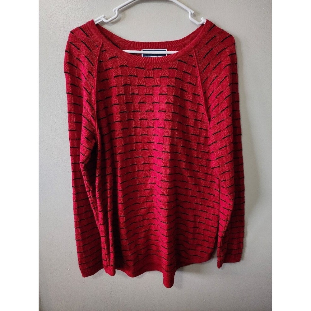 Karen Scott Red Basketweave Textured Striped Raglan Sweater Womens Medium - Picture 2 of 4